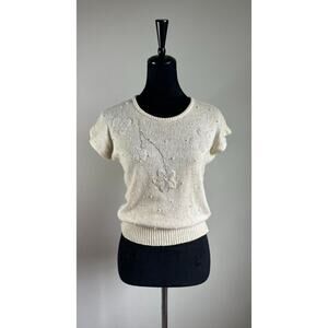 Vintage Lautrel Women's Cream Beaded Short Sleeve Silk Blend Knit Sweater Size M